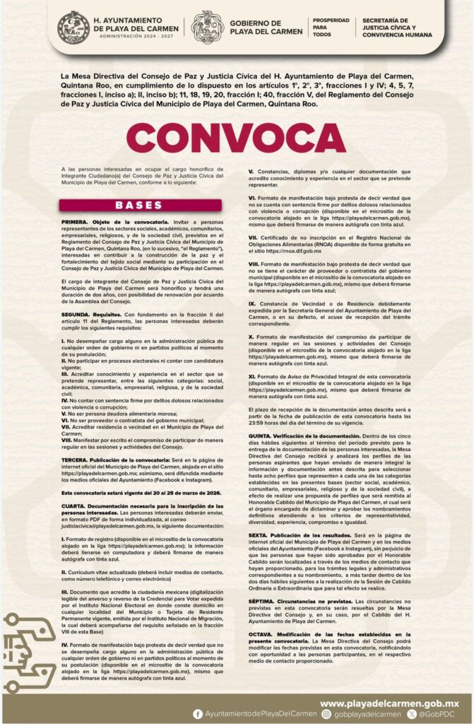 El Cabildo de Playa del Carmen aprobó la convocatoria pública para conformar el Consejo de Paz y Justicia Cívica.